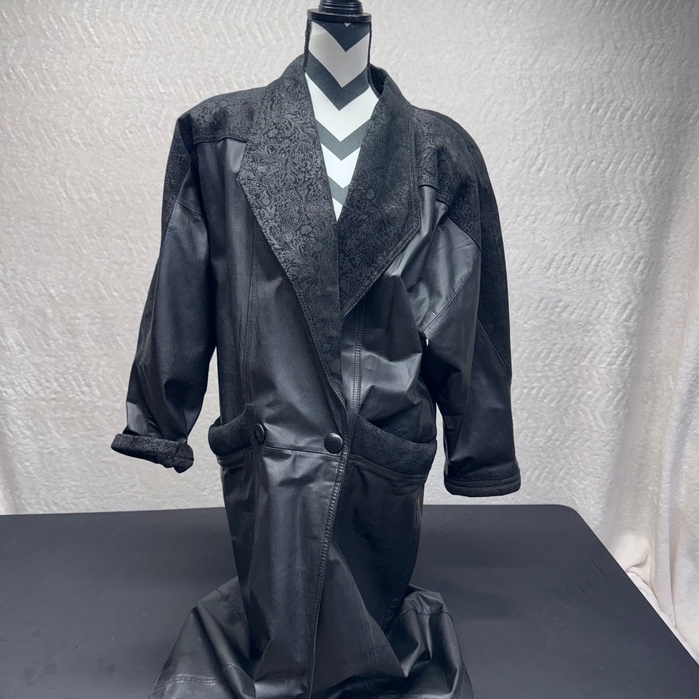 John Weitz Vintage Black Leather Trench Coat Paisley Suede Accents Womens Medium